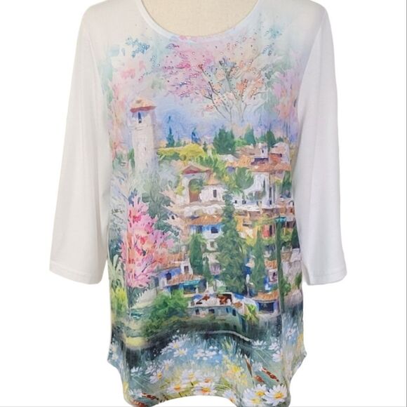 One World Bright Rhinestone 3/4 Sleeve Village On A Hill Top Size MP - Picture 5 of 8